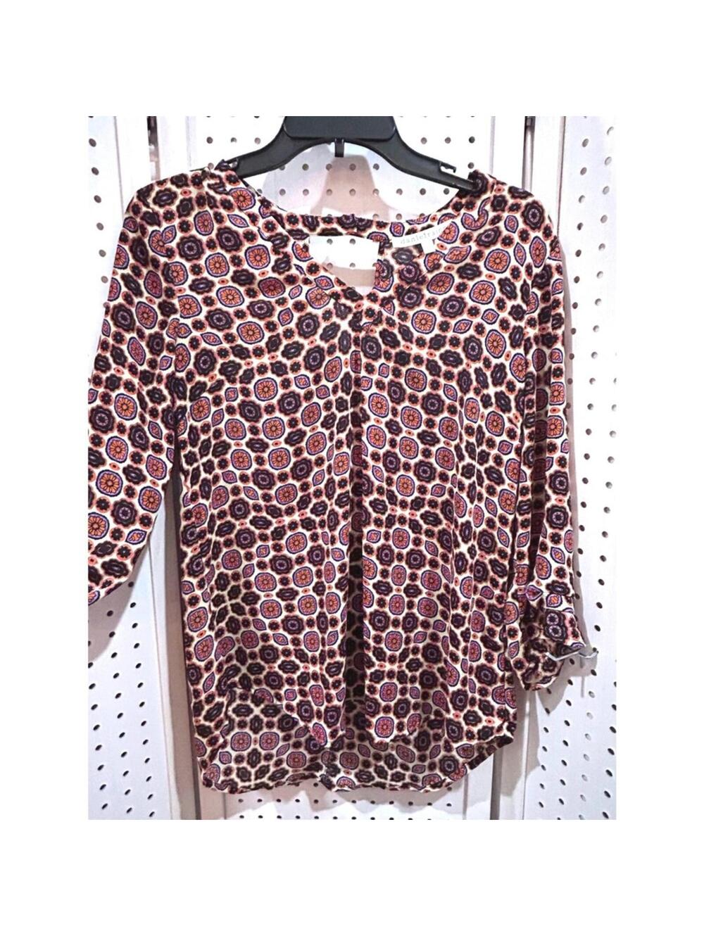 :) Daniel Rainn Womens S Geometric Print Keyhole Neck 3/4 Sleeve Blouse Top